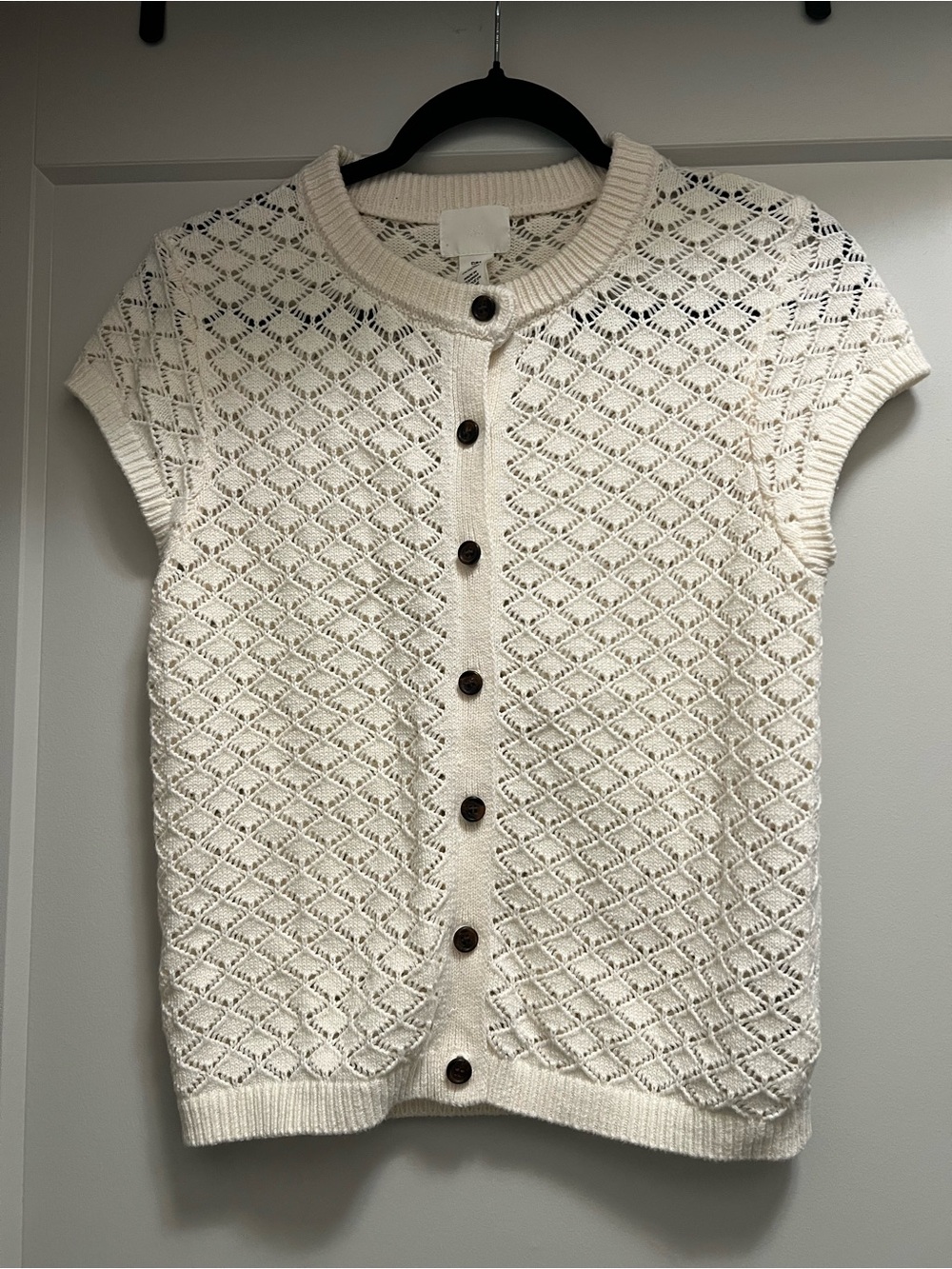 Cream Cap-sleeved Pointelle Knit Cardigan